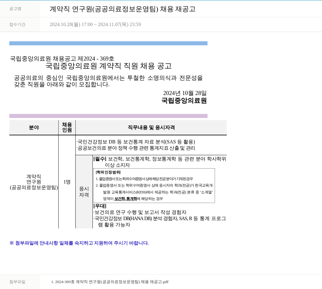 국립중앙의료원 계약직 연구원 (공공 의료 정보 운영팀) 채용 재공고 채용공고