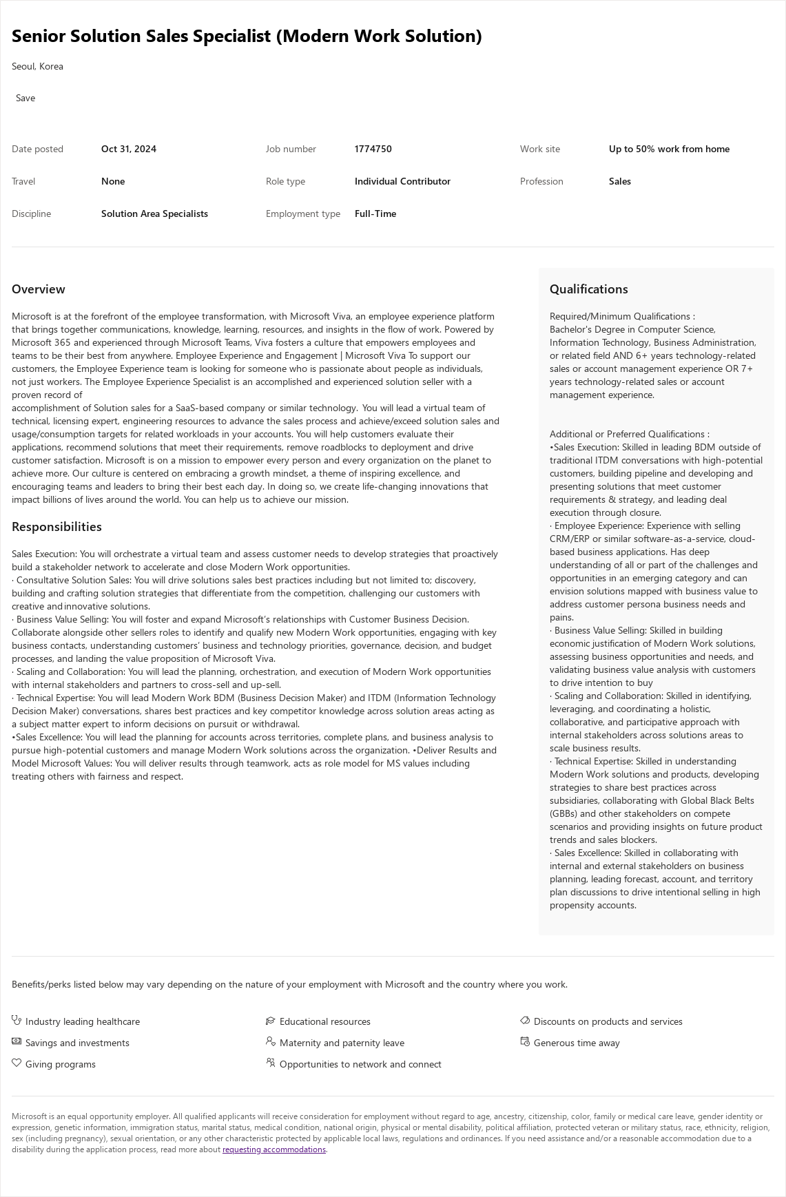 마이크로소프트(Microsoft) Senior Solution Sales Specialist (Modern Work Solution) 채용공고