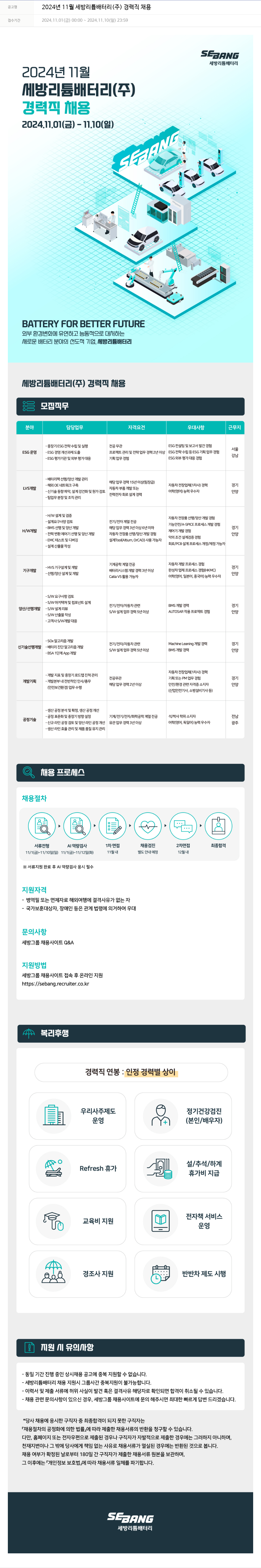 세방 2024년 11월 세방 리튬 배터리(주) 경력직 채용 채용공고