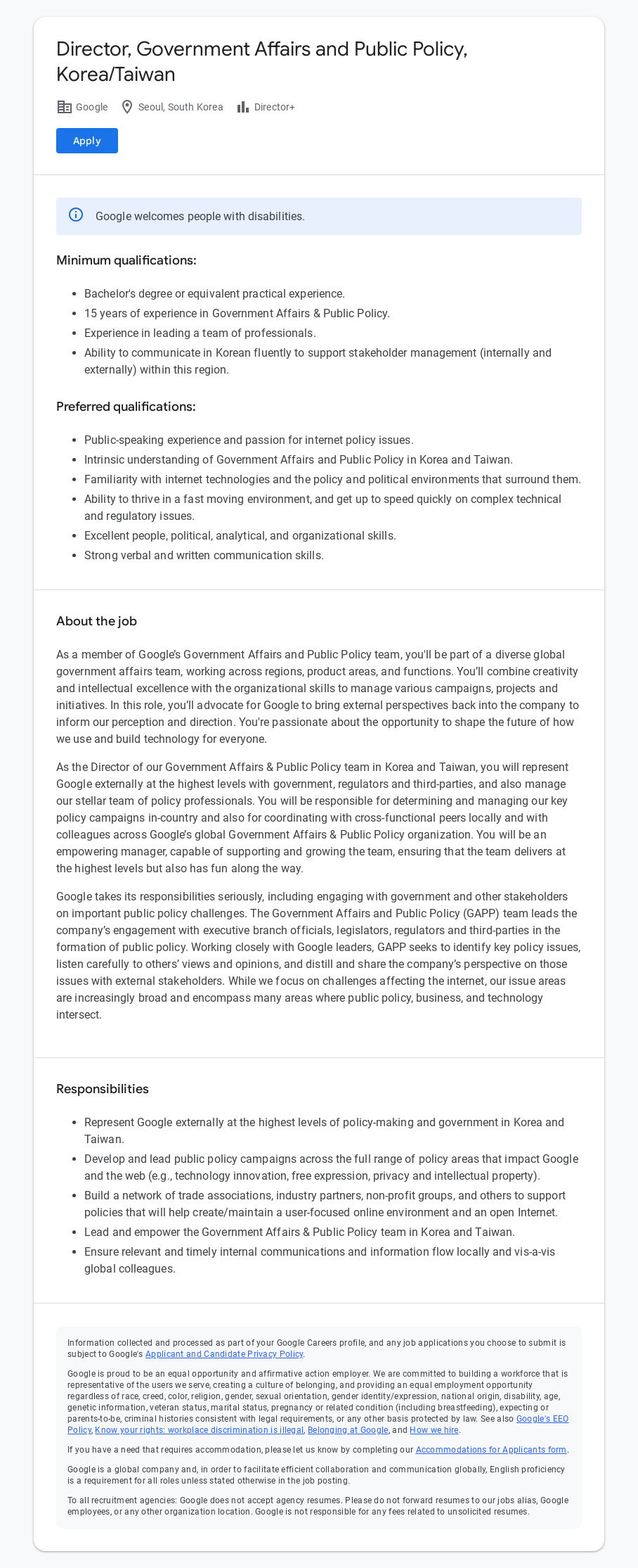구글(Google) Director, Government Affairs and Public Policy, Korea/Taiwan 채용공고