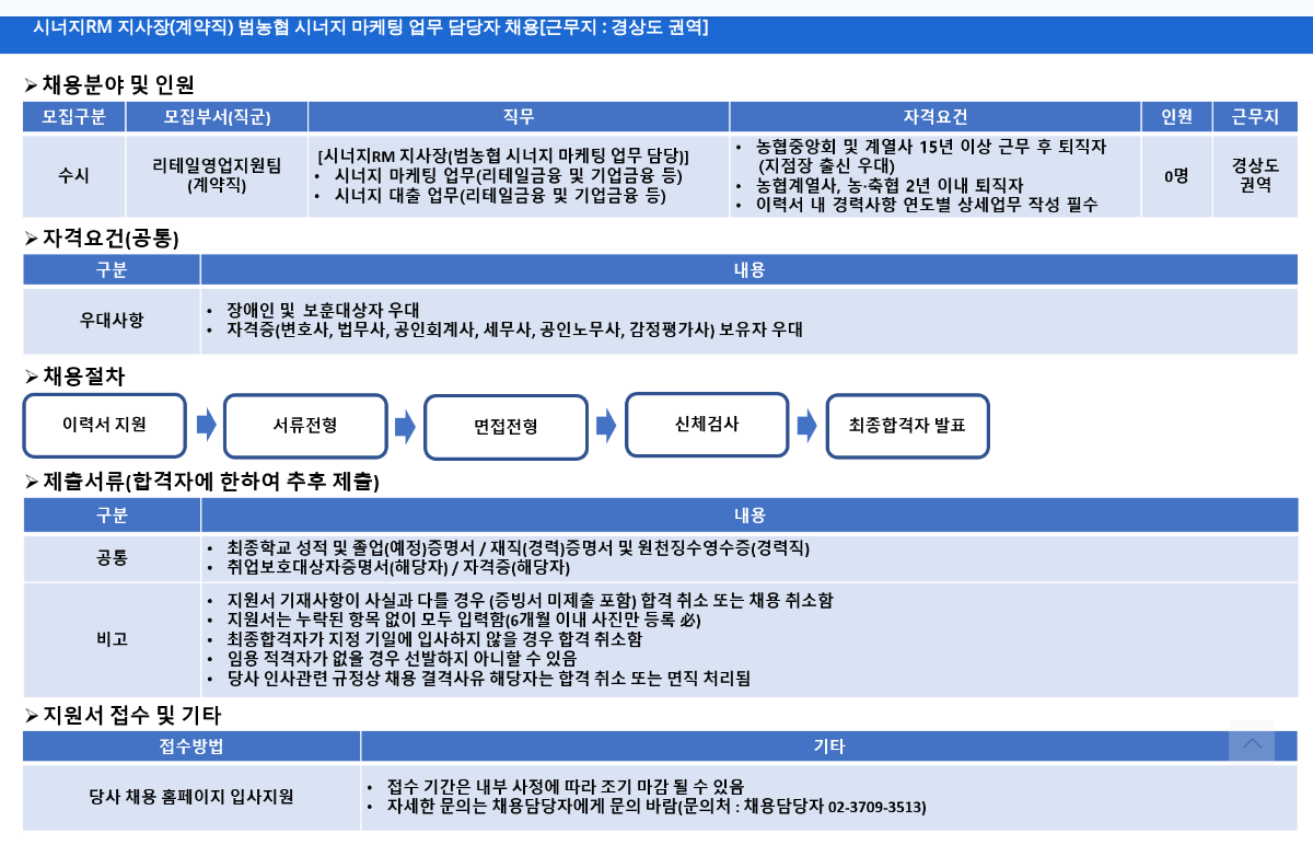 NH농협캐피탈 시너지 RM 지사장 (계약직) 범 농협 시너지 마케팅 업무 담당자 채용 [근무지: 경상도 권역] 채용공고