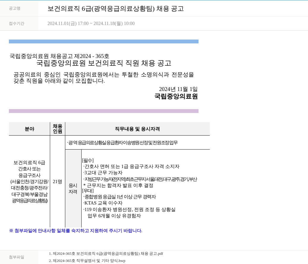 국립중앙의료원 보건 의료직 6급 (광역 응급 의료 상황 팀) 채용 공고 채용공고