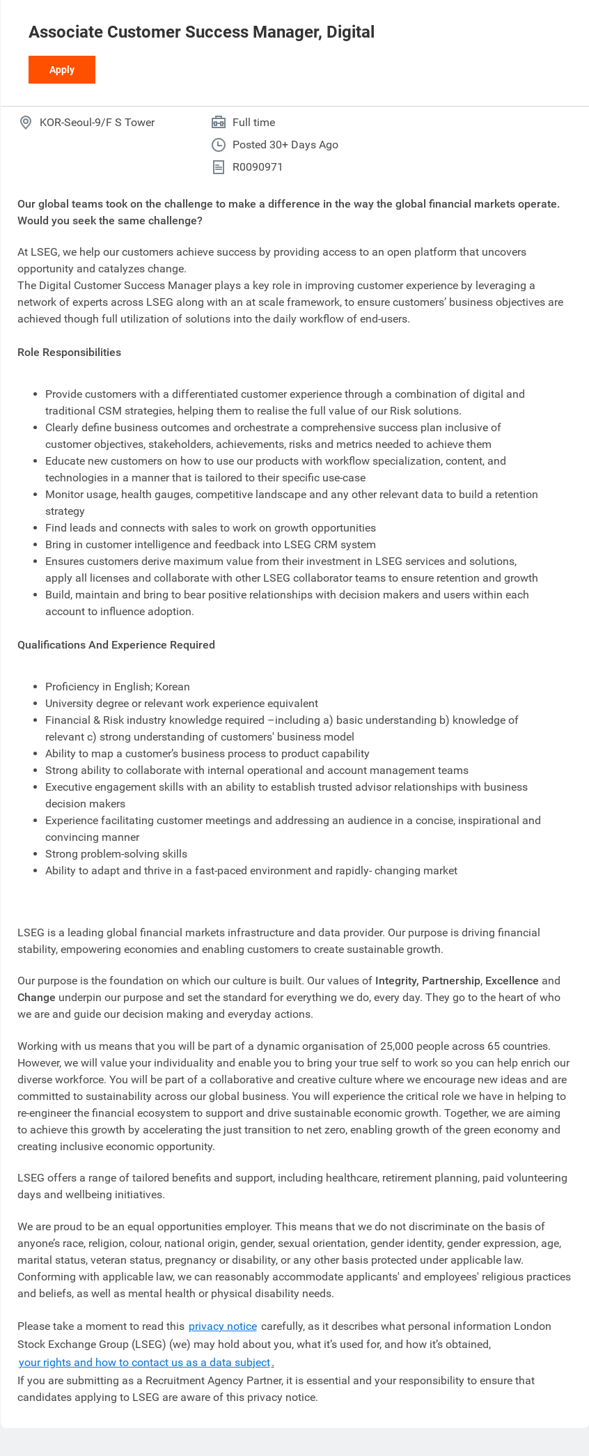 레피니티브코리아 Associate Customer Success Manager, Digital 채용공고