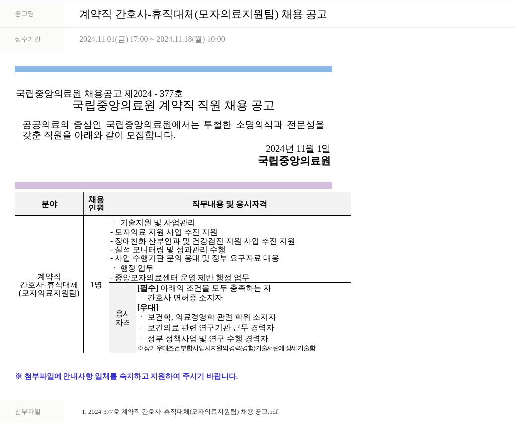 국립중앙의료원 계약직 간호사 - 휴직 대체 (모자 의료 지원팀) 채용 공고 채용공고