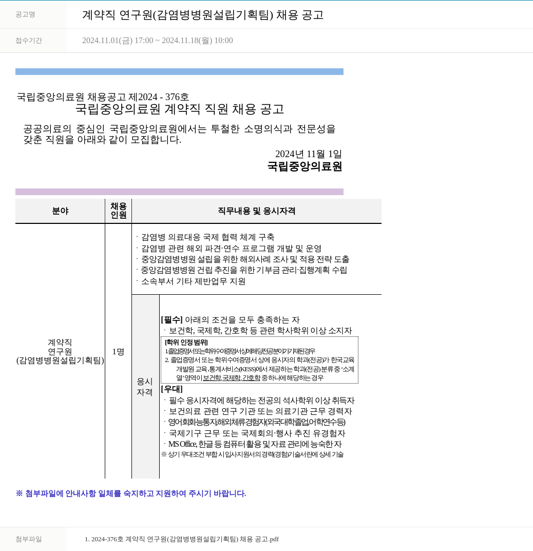 국립중앙의료원 계약직 연구원 (감염병 병원 설립 기획팀) 채용 공고 채용공고