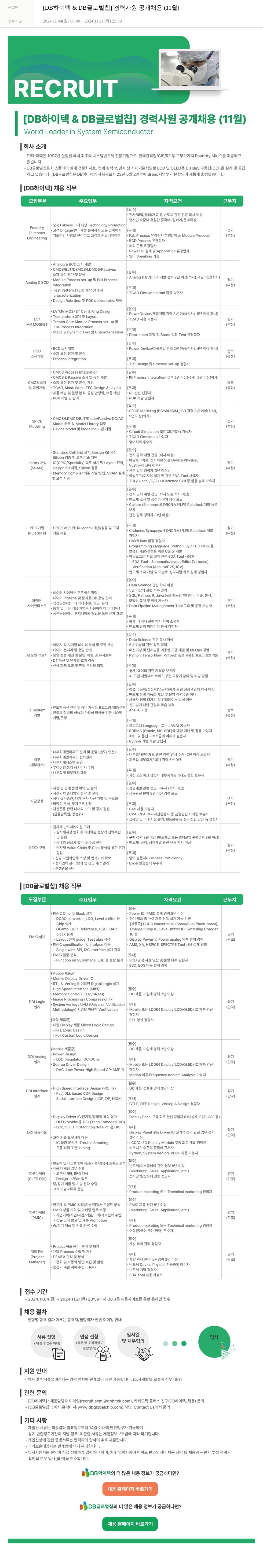 DB하이텍 [DB 하이텍 & DB 글로벌 칩] 경력 사원 공개 채용 (11월) 채용공고