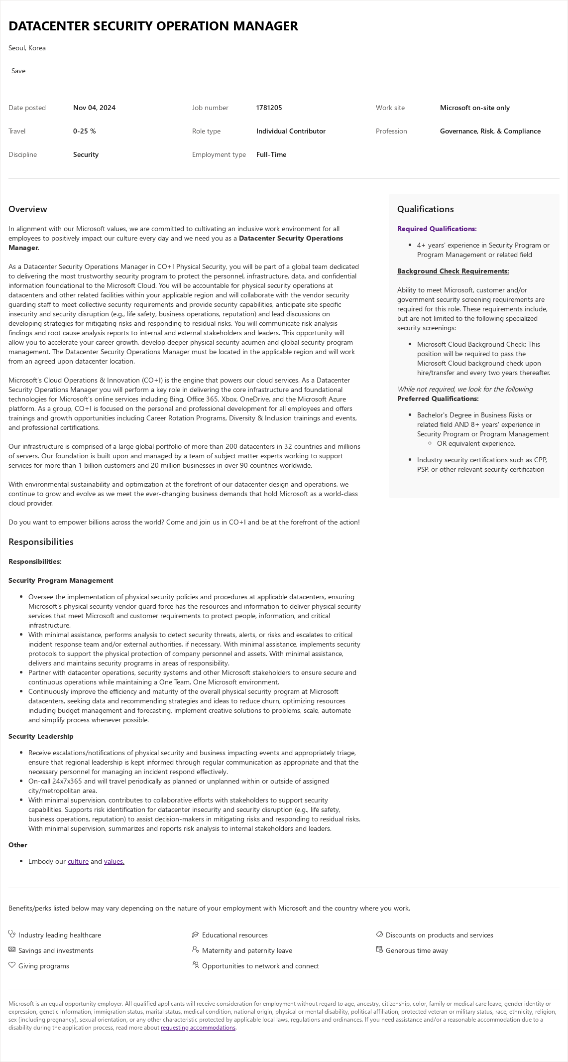 마이크로소프트(Microsoft) Datacenter Security Operation Manager 채용공고