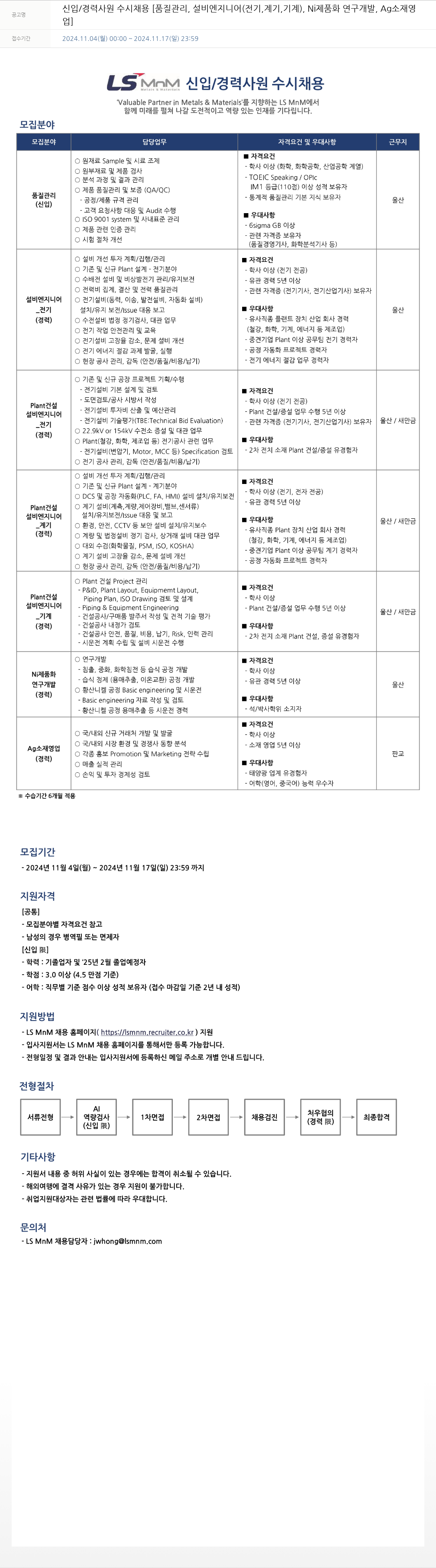 LS엠엔엠 신입 / 경력 사원 수시 채용 [품질 관리, 설비 엔지니어(전기, 계기, 기계), Ni 제품화 연구 개발, Ag 소재영업] 채용공고