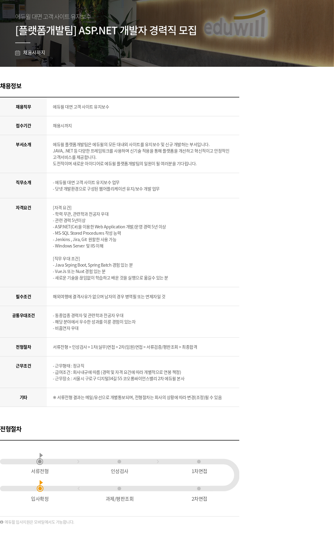 에듀윌 [플랫폼 개발팀] ASP.NET 개발자 경력직 모집 채용공고