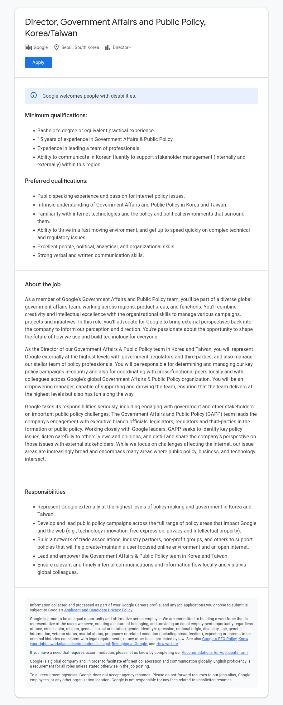 구글(Google) Director, Government Affairs and Public Policy, Korea/Taiwan 채용공고