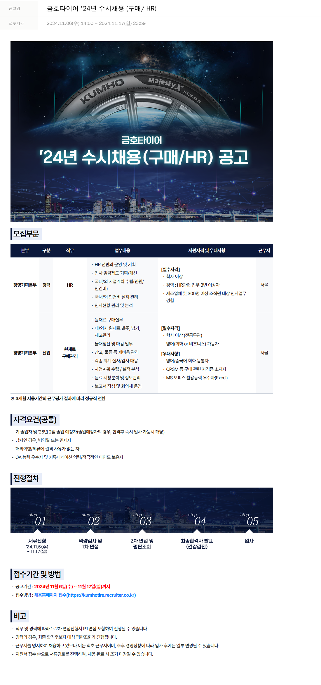 금호타이어 '24년 수시 채용 (구매 / HR) 채용공고