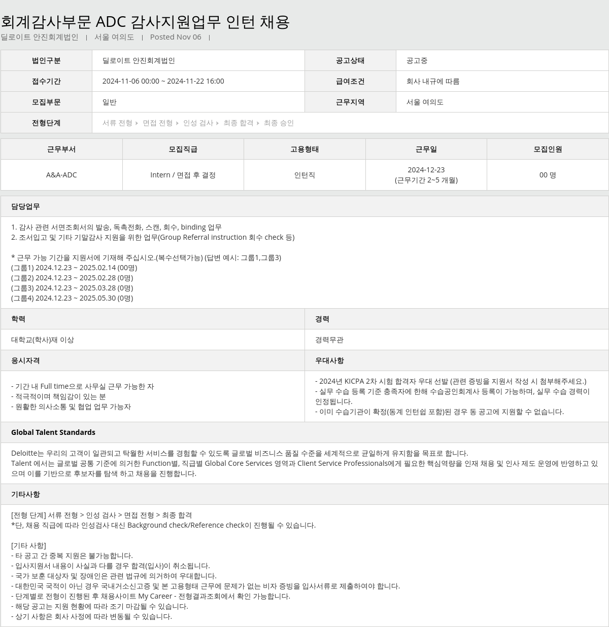 딜로이트안진 회계 감사 부문 ADC 감사 지원 업무 인턴 채용 채용공고