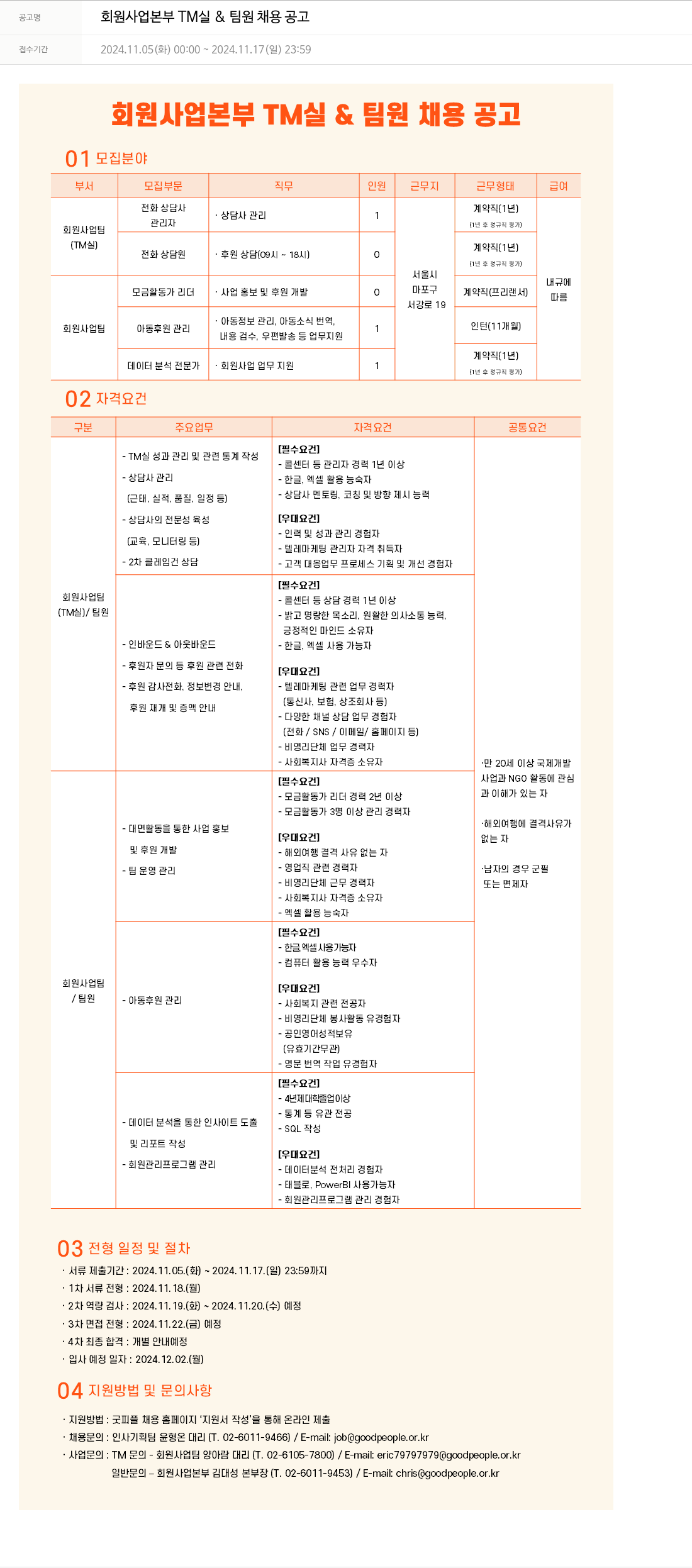 굿피플인터내셔널 회원 사업 본부 TM 실 & 팀원 채용 공고 채용공고