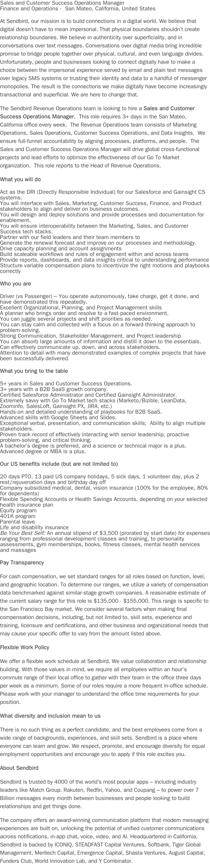센드버드 Sales and Customer Success Operations Manager 채용공고