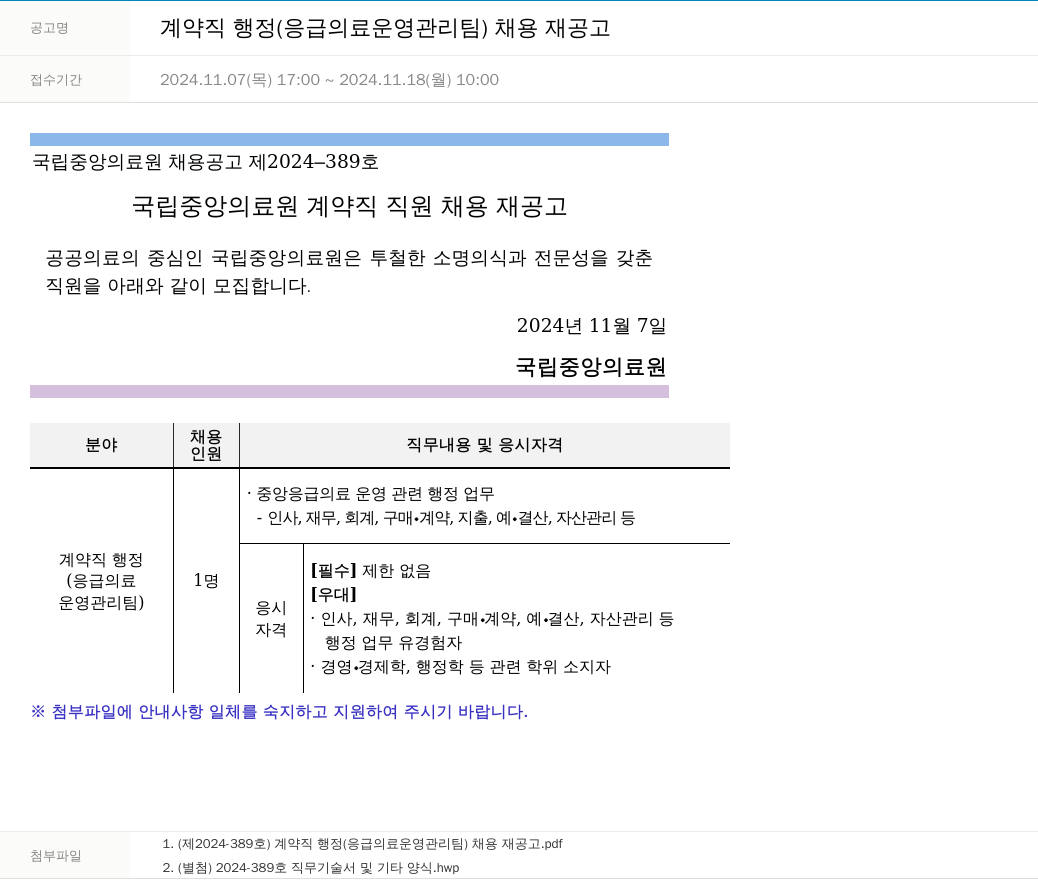 국립중앙의료원 계약직 행정 (응급의료운영관리팀) 채용 재공고 채용공고