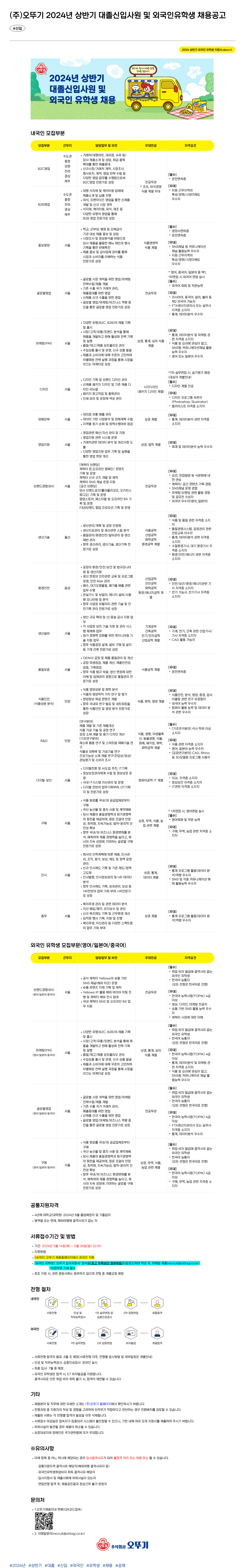 오뚜기 2024년 상반기 대졸 신입 사원 및 외국인 유학생 채용 공고 채용공고