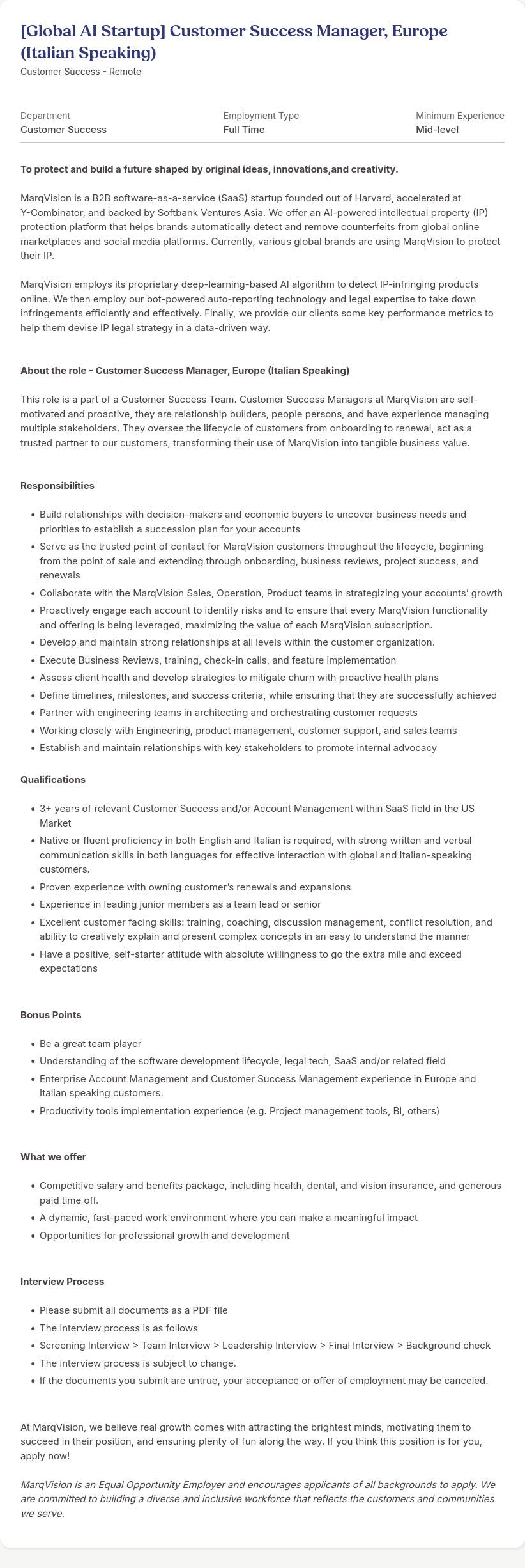 마크비전코리아 [Global AI Startup] Customer Success Manager, Europe (Italian Speaking) 채용공고