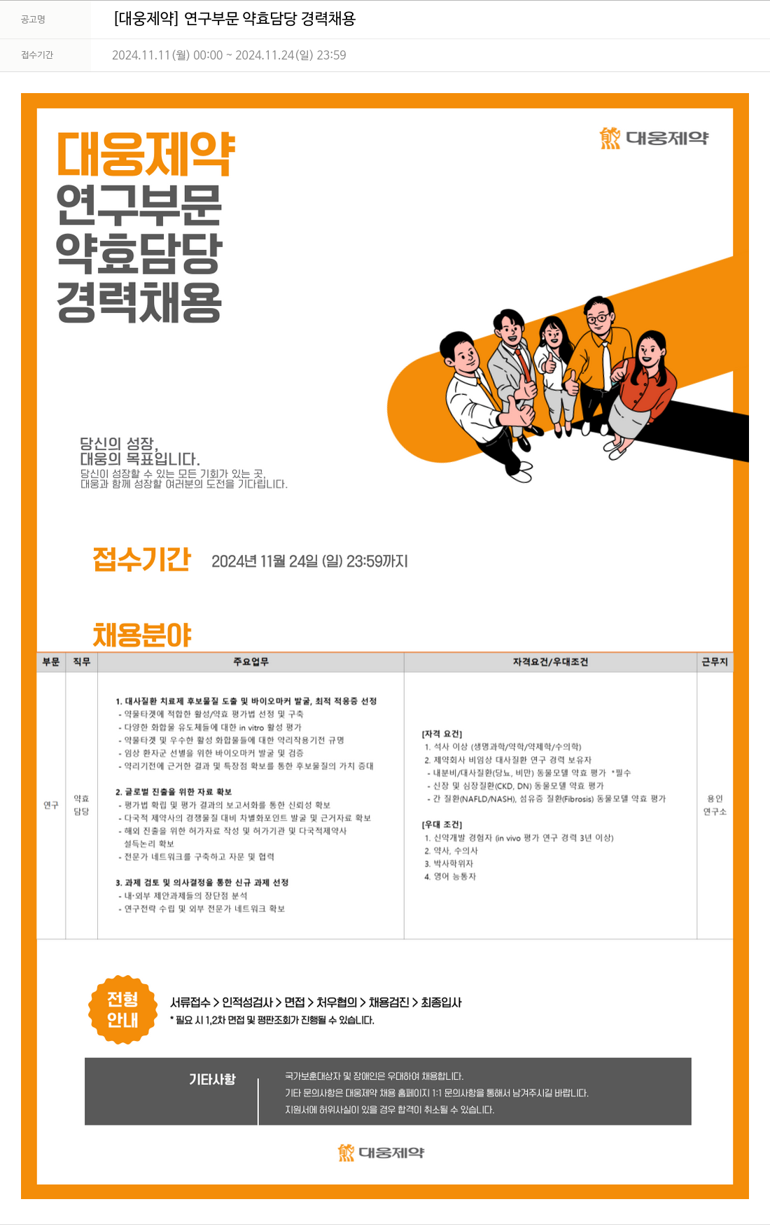대웅제약 [대웅제약] 연구 부문 약효 담당 경력 채용 채용공고