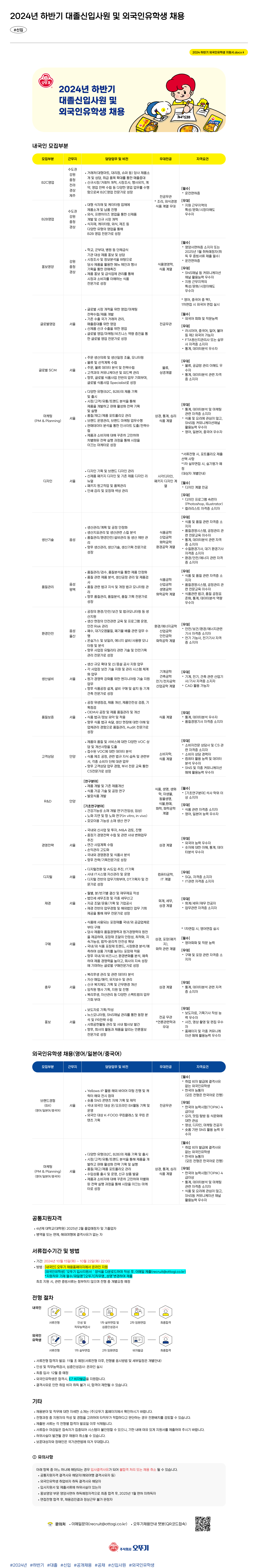 오뚜기 2024년 하반기 대졸 신입 사원 및 외국인 유학생 채용 채용공고