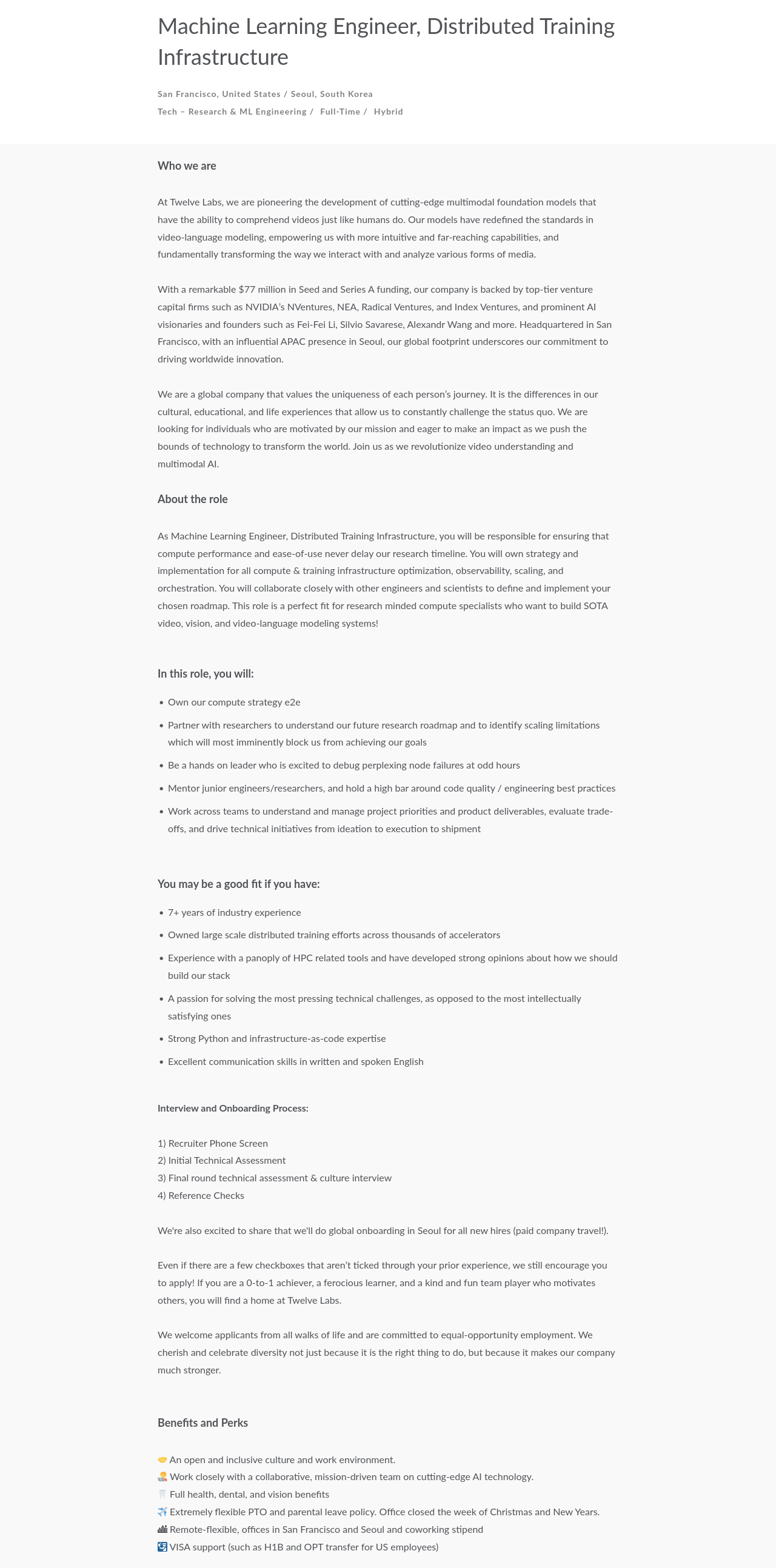 트웰브랩스 Machine Learning Engineer, Distributed Training Infrastructure 채용공고