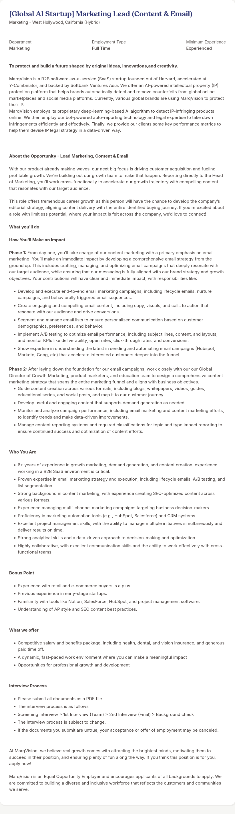 마크비전코리아 [Global AI Startup] Marketing Lead (Content & Email) 채용공고