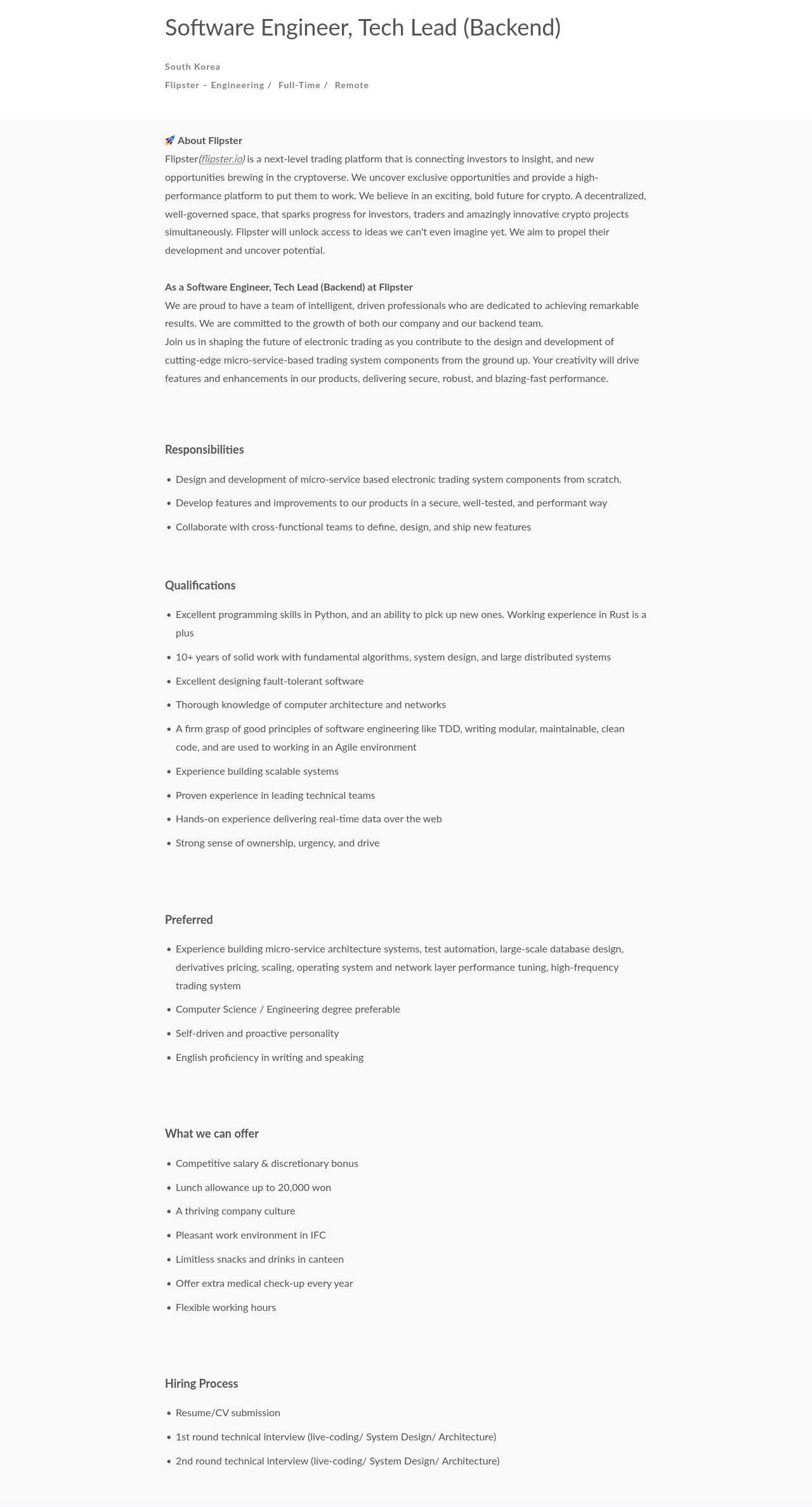 프레스토랩스 Software Engineer, Tech Lead (Backend) 채용공고