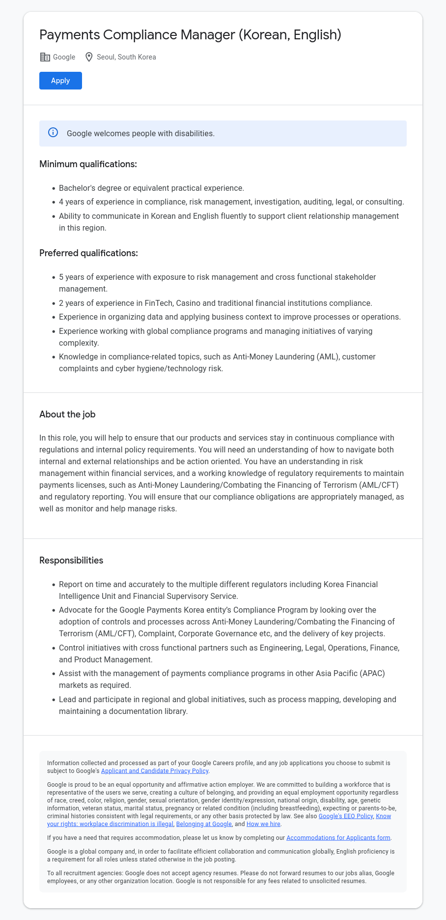 구글(Google) Payments Compliance Manager (Korean, English) 채용공고