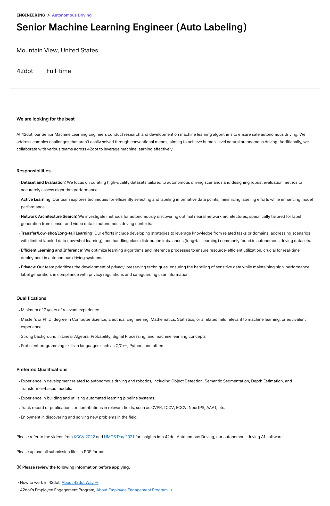 42dot Senior Machine Learning Engineer (Auto Labeling) 채용공고