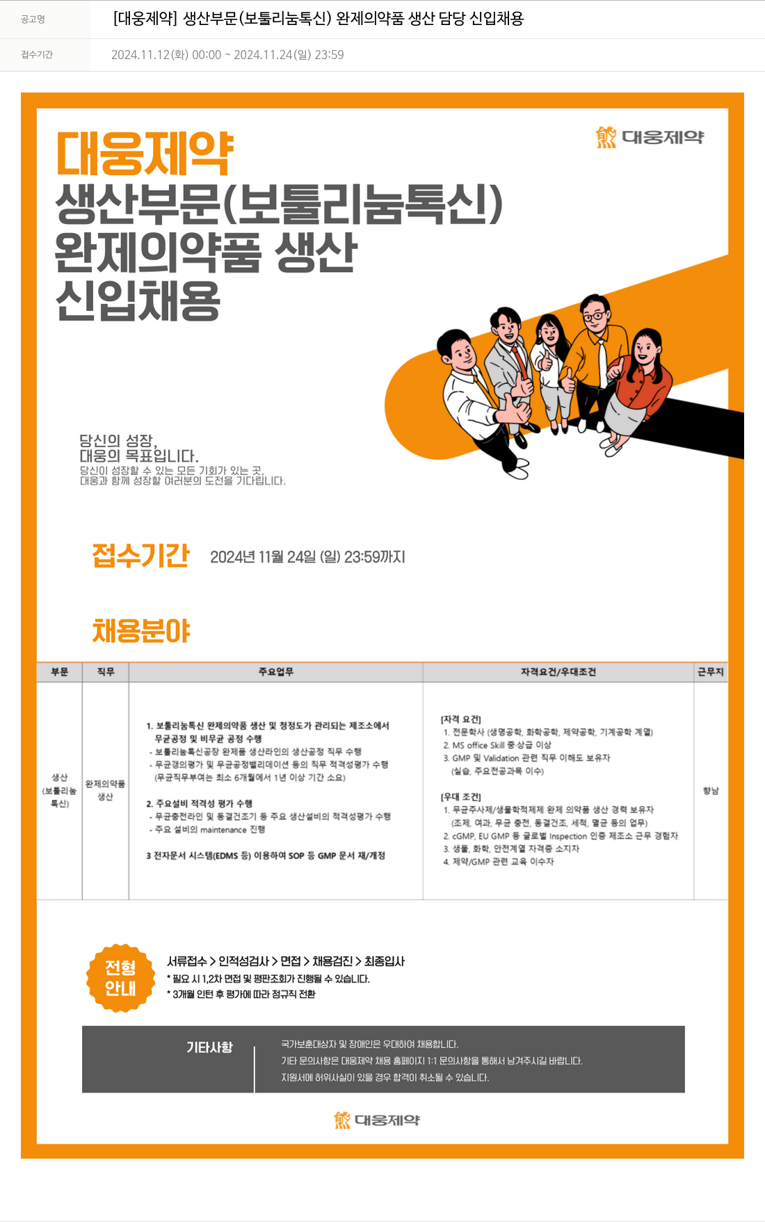 대웅제약 [대웅제약] 생산 부문(보툴리눔 톡신) 완제 의약품 생산 담당 신입 채용 채용공고