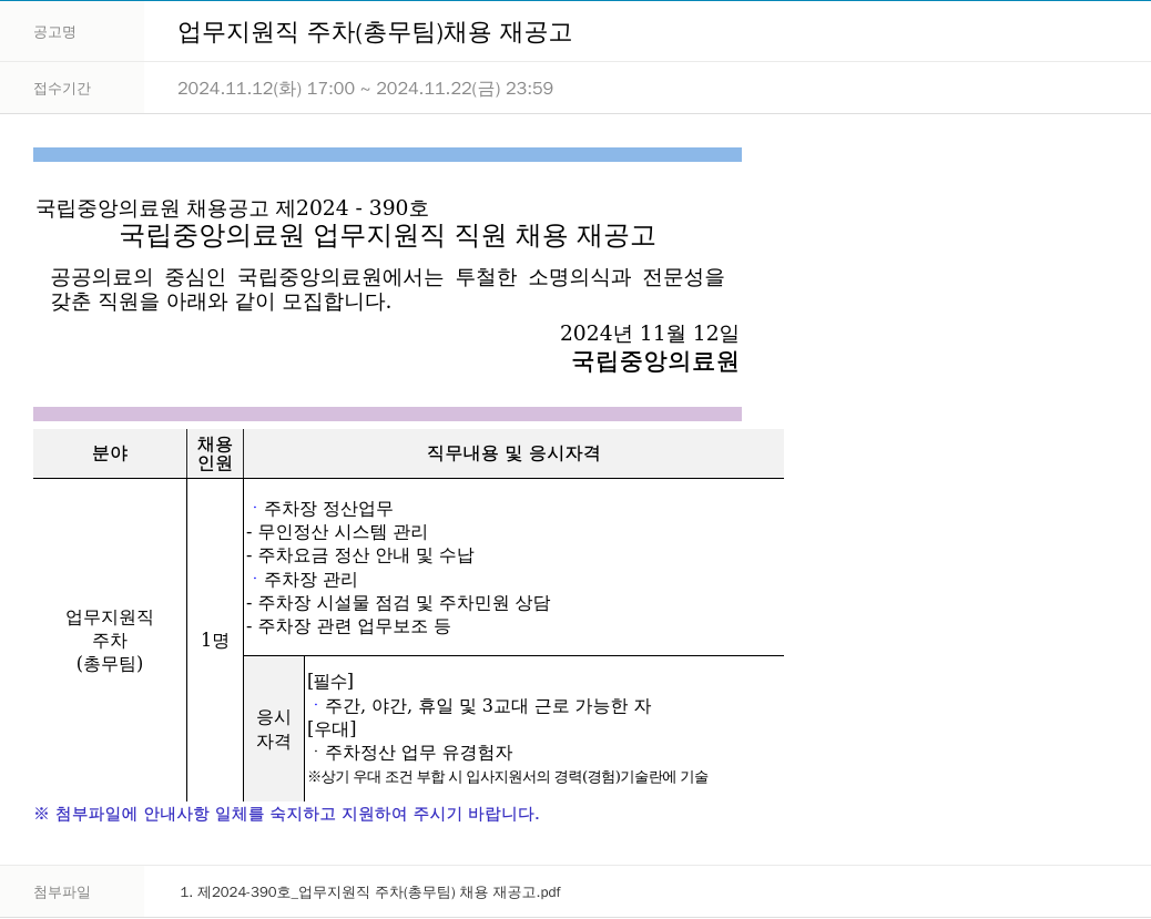 국립중앙의료원 업무 지원직 주차 (총무팀) 채용 재공고 채용공고