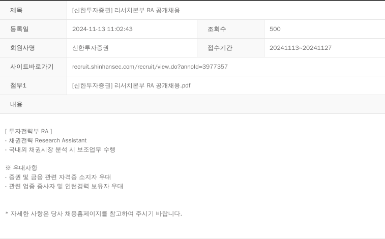 신한투자증권 [신한 투자 증권] 리서치 본부 RA 공개 채용 채용공고