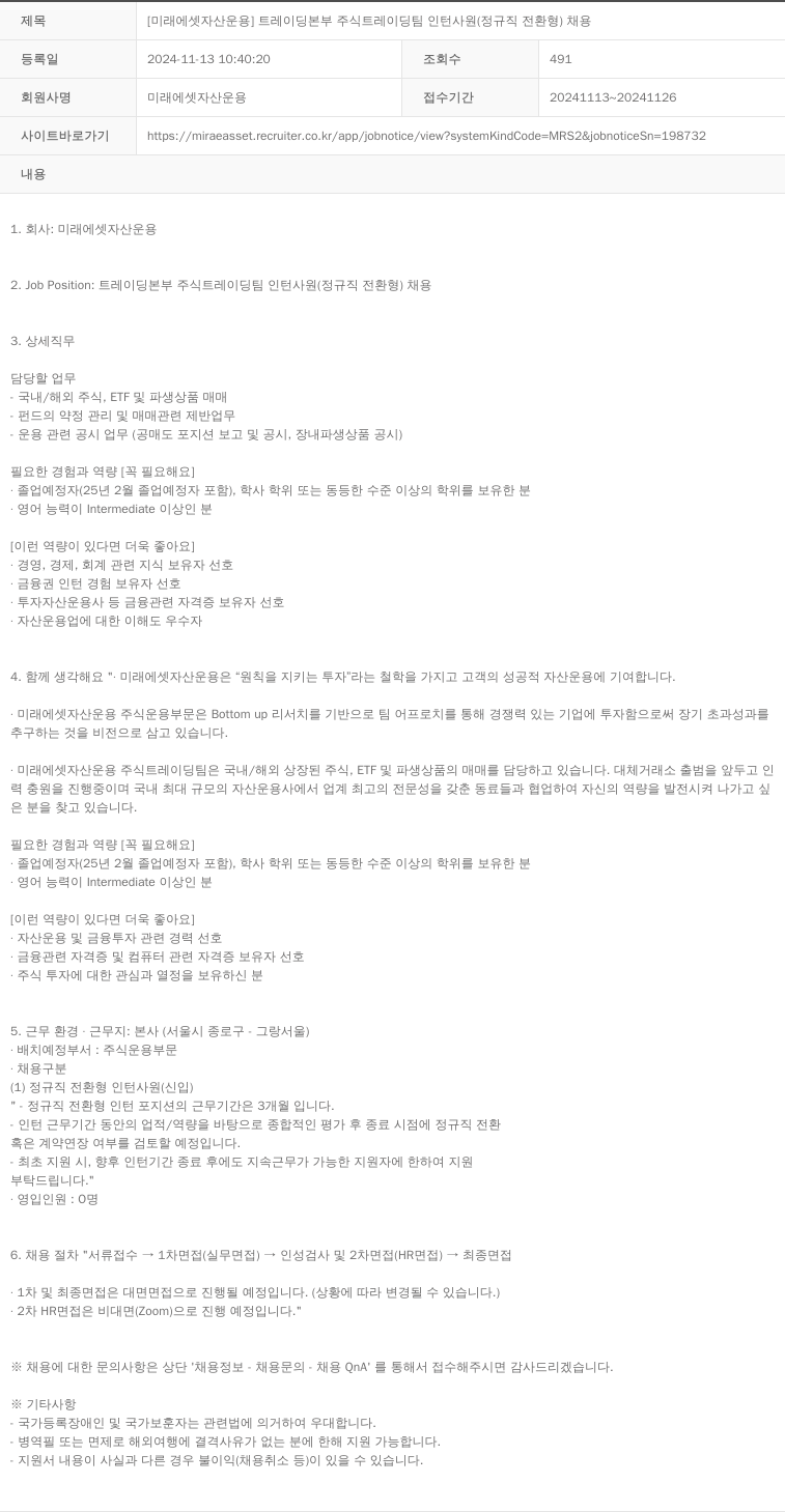 미래에셋자산운용 [미래에셋 자산 운용] 트레이딩 본부 주식 트레이딩 팀 인턴 사원 (정규직 전환형) 채용 채용공고
