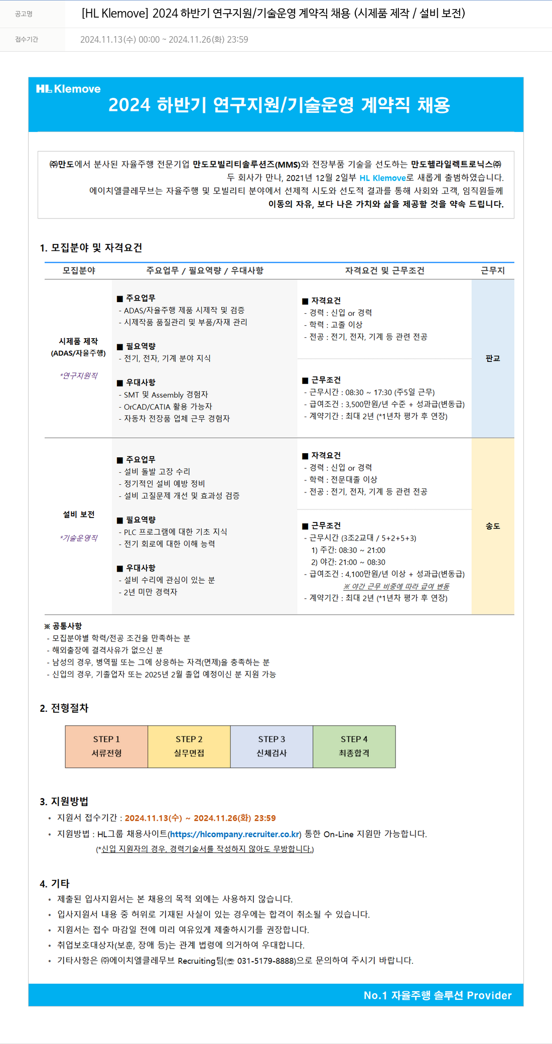 HL클레무브 2024 하반기 연구 지원 / 기술 운영 계약직 채용 (시제품 제작 / 설비 보전) 채용공고