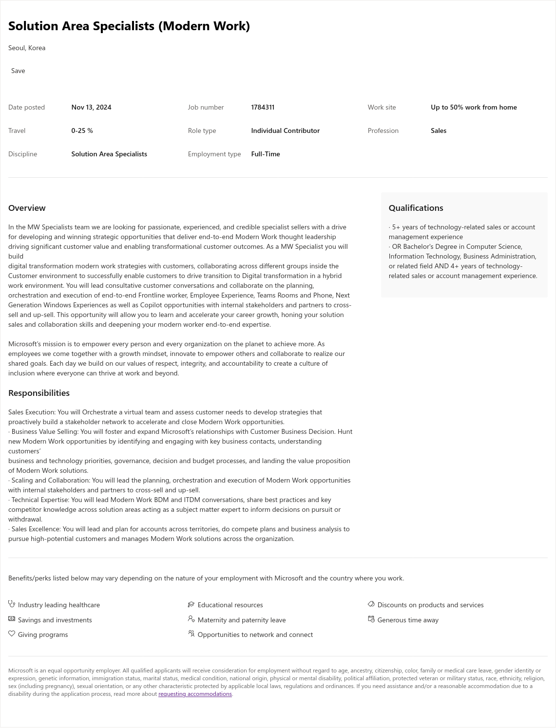 마이크로소프트(Microsoft) Solution Area Specialists (Modern Work) 채용공고