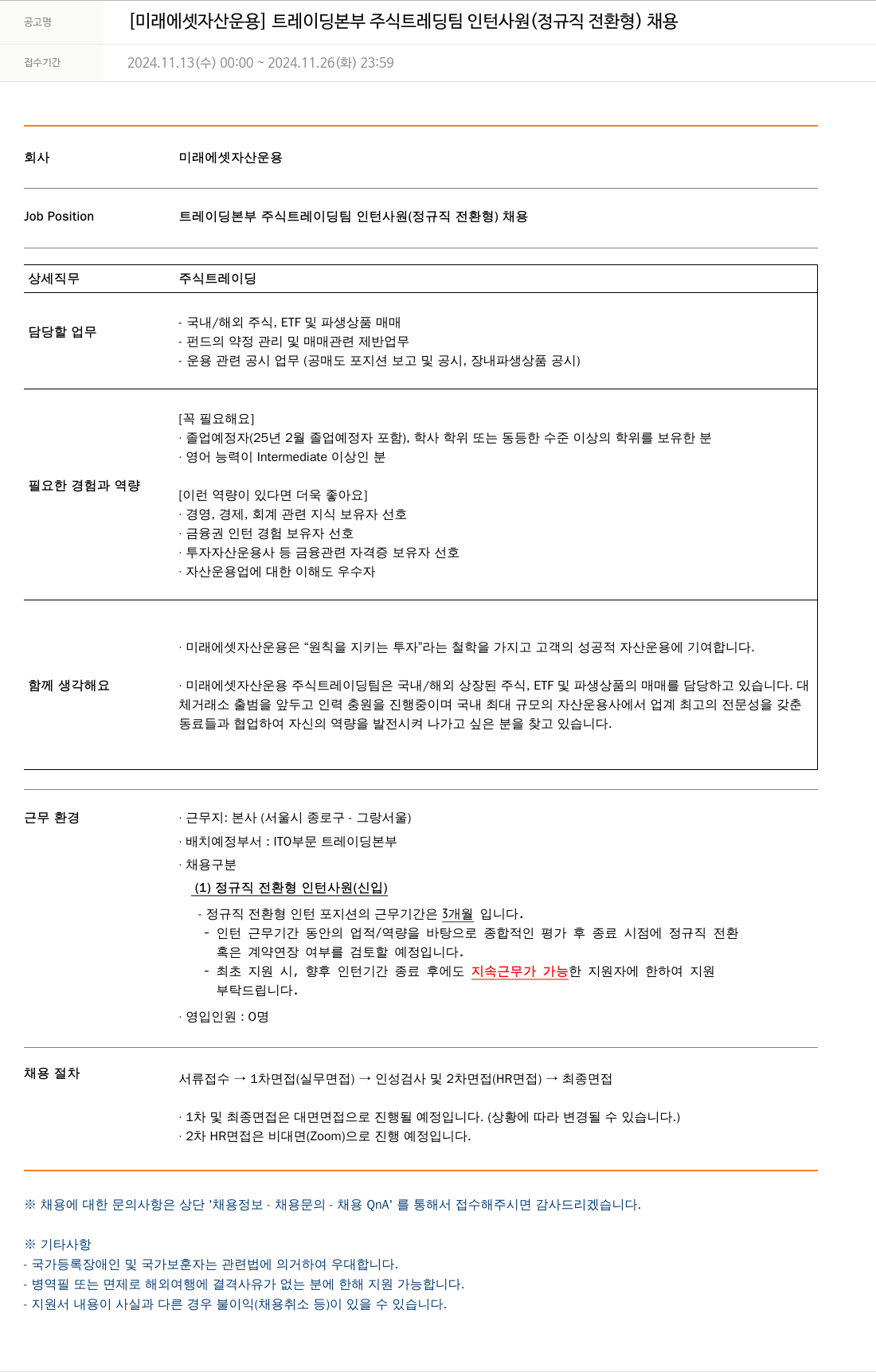 미래에셋자산운용 트레이딩 본부 주식 트레이딩 팀 인턴 사원(정규직 전환형) 채용 채용공고