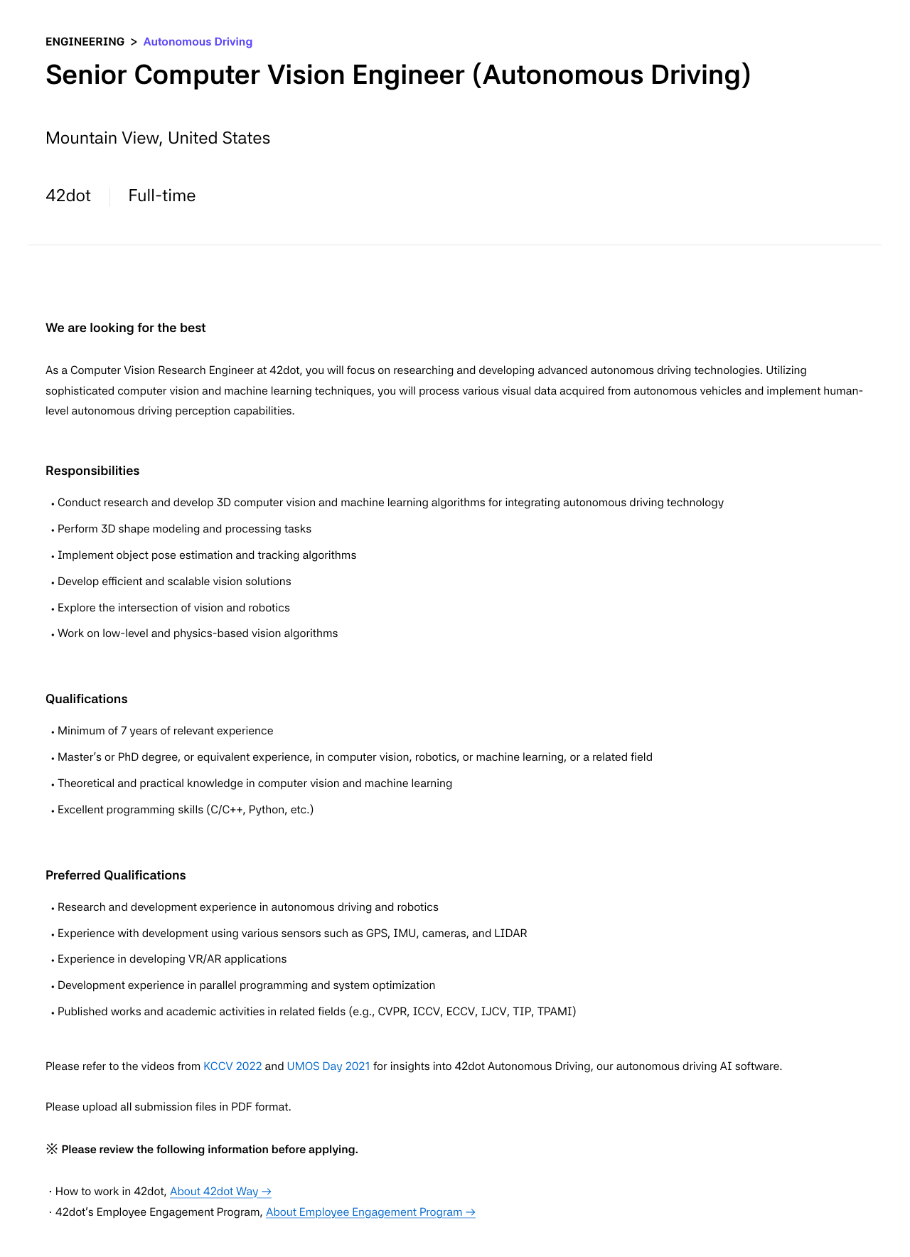 42dot Senior Computer Vision Engineer (Autonomous Driving) 채용공고