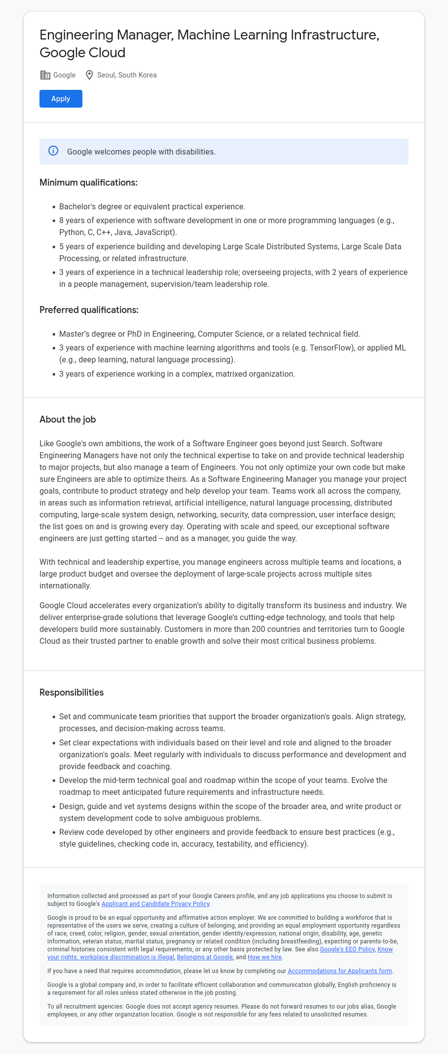 구글(Google) Engineering Manager, Machine Learning Infrastructure, Google Cloud 채용공고