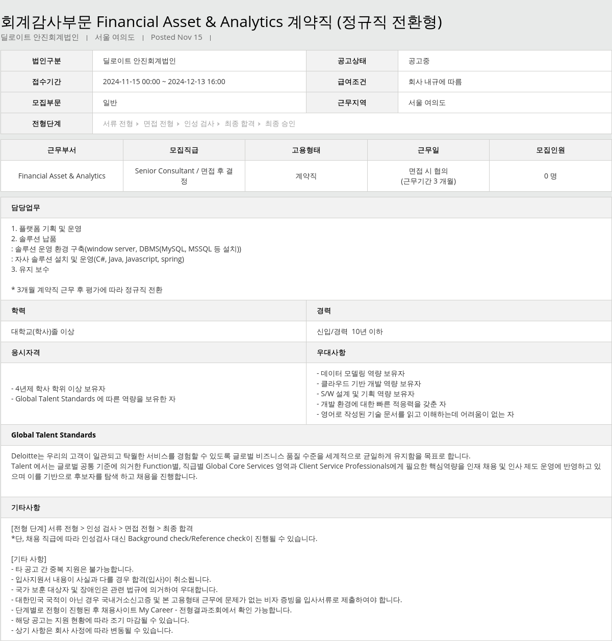 딜로이트안진 회계 감사 부문 Financial Asset & Analytics 계약직 (정규직 전환형) 채용공고