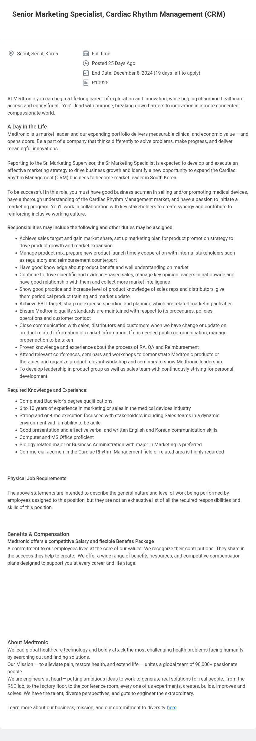 메드트로닉 Senior Marketing Specialist, Cardiac Rhythm Management (CRM) 채용공고