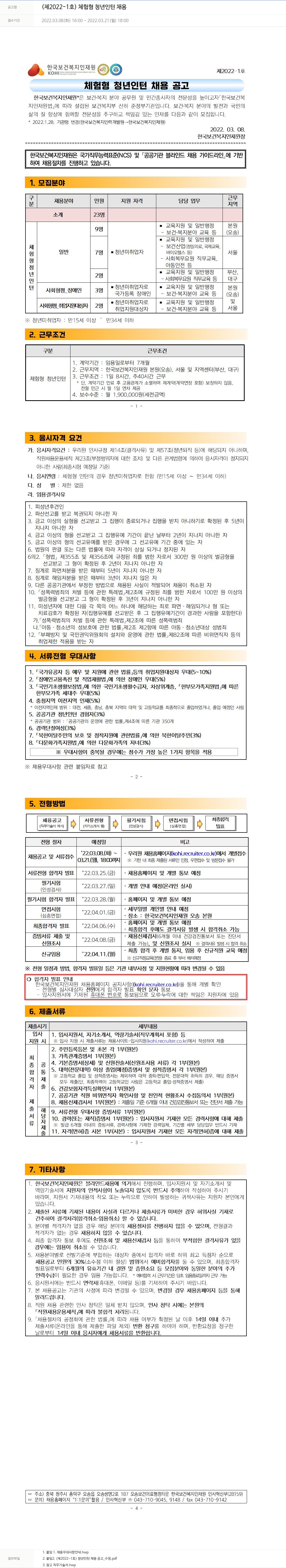 한국보건복지인재원 (제2022-1호) 체험형 청년 인턴 채용 채용공고
