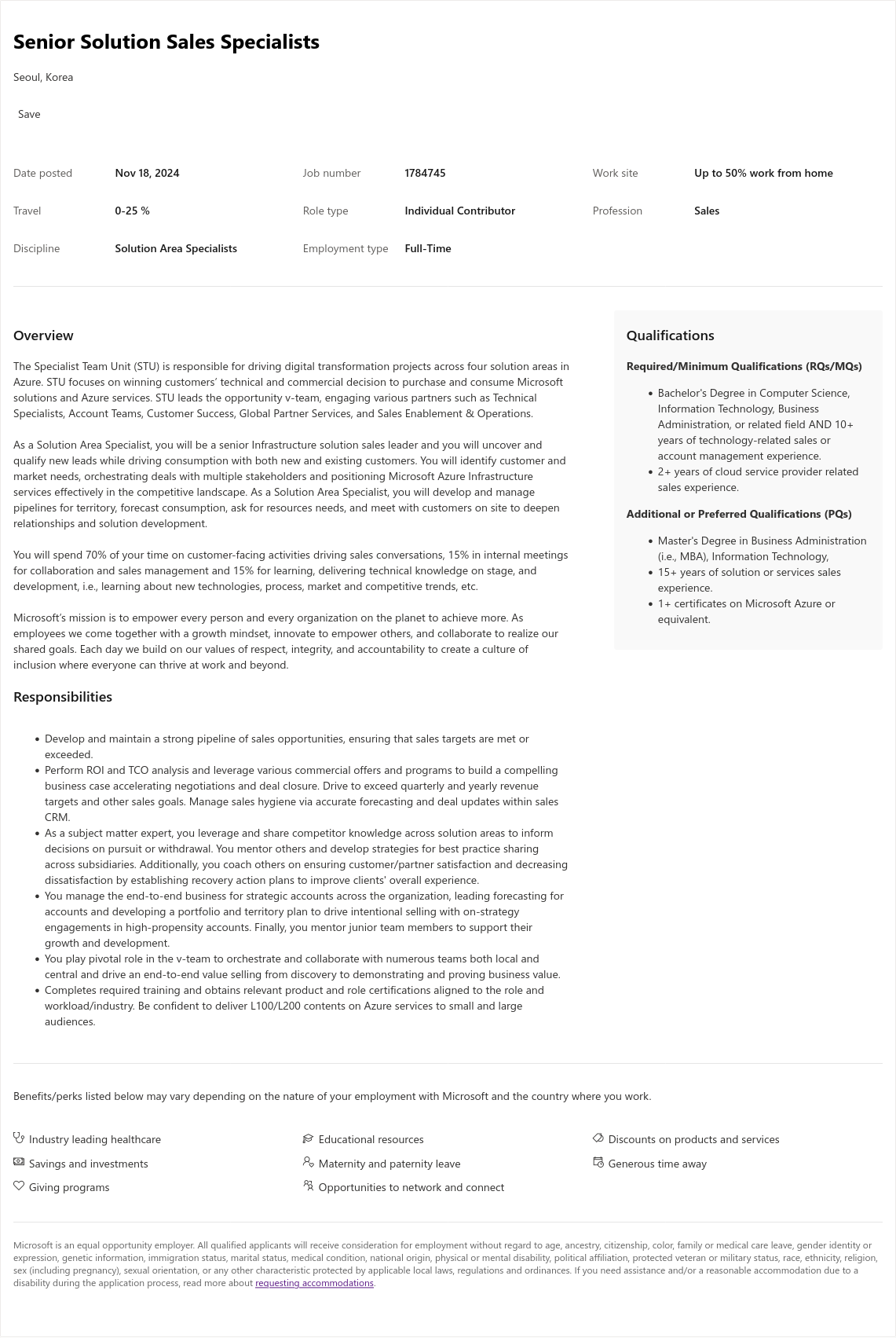 마이크로소프트(Microsoft) Senior Solution Sales Specialists 채용공고