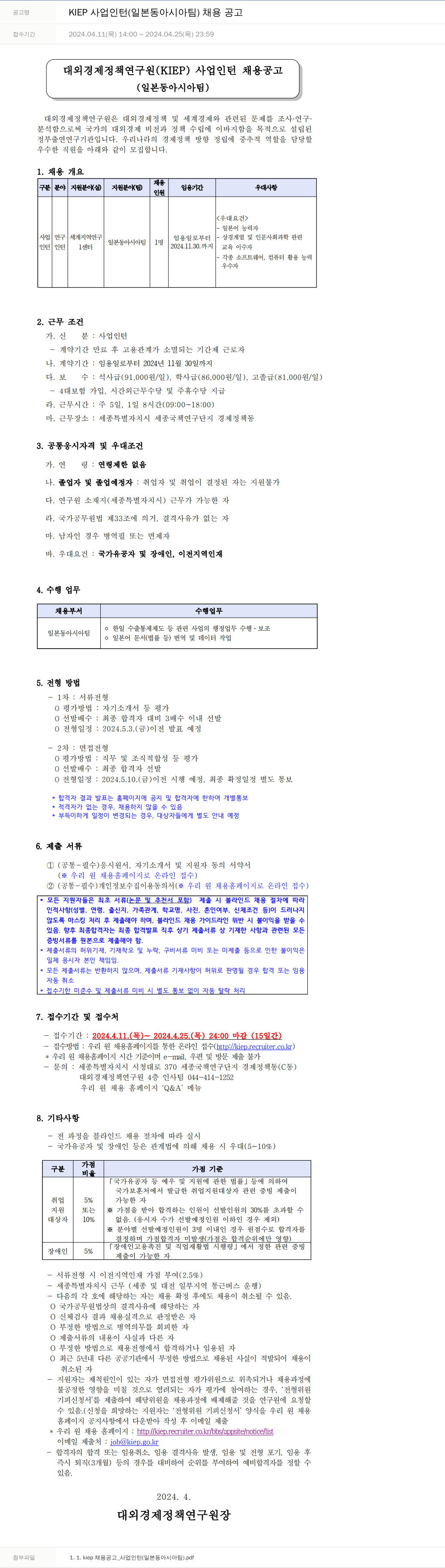 대외경제정책연구원 KIEP 사업 인턴 (일본 동아시아 팀) 채용 공고 채용공고