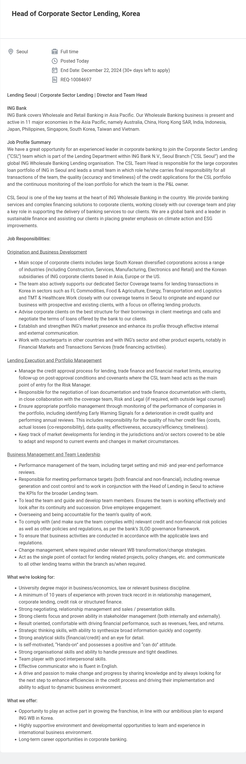 ING Head of Corporate Sector Lending, Korea 채용공고