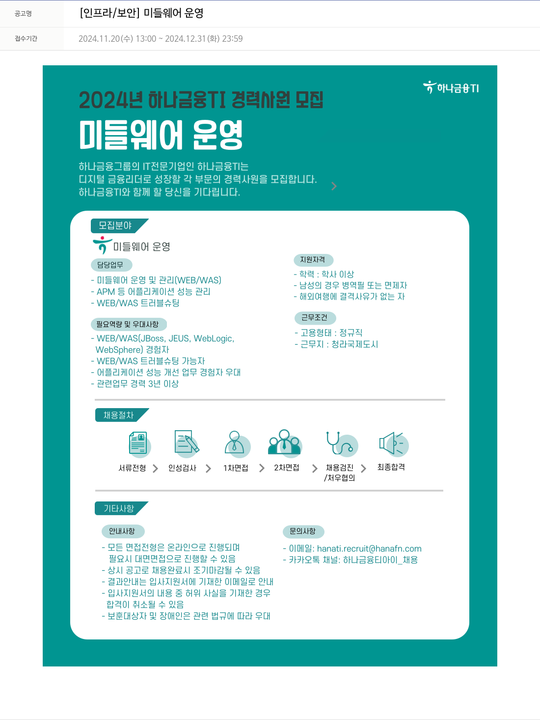 하나금융융합기술원 [인프라 / 보안] 미들웨어 운영 채용공고