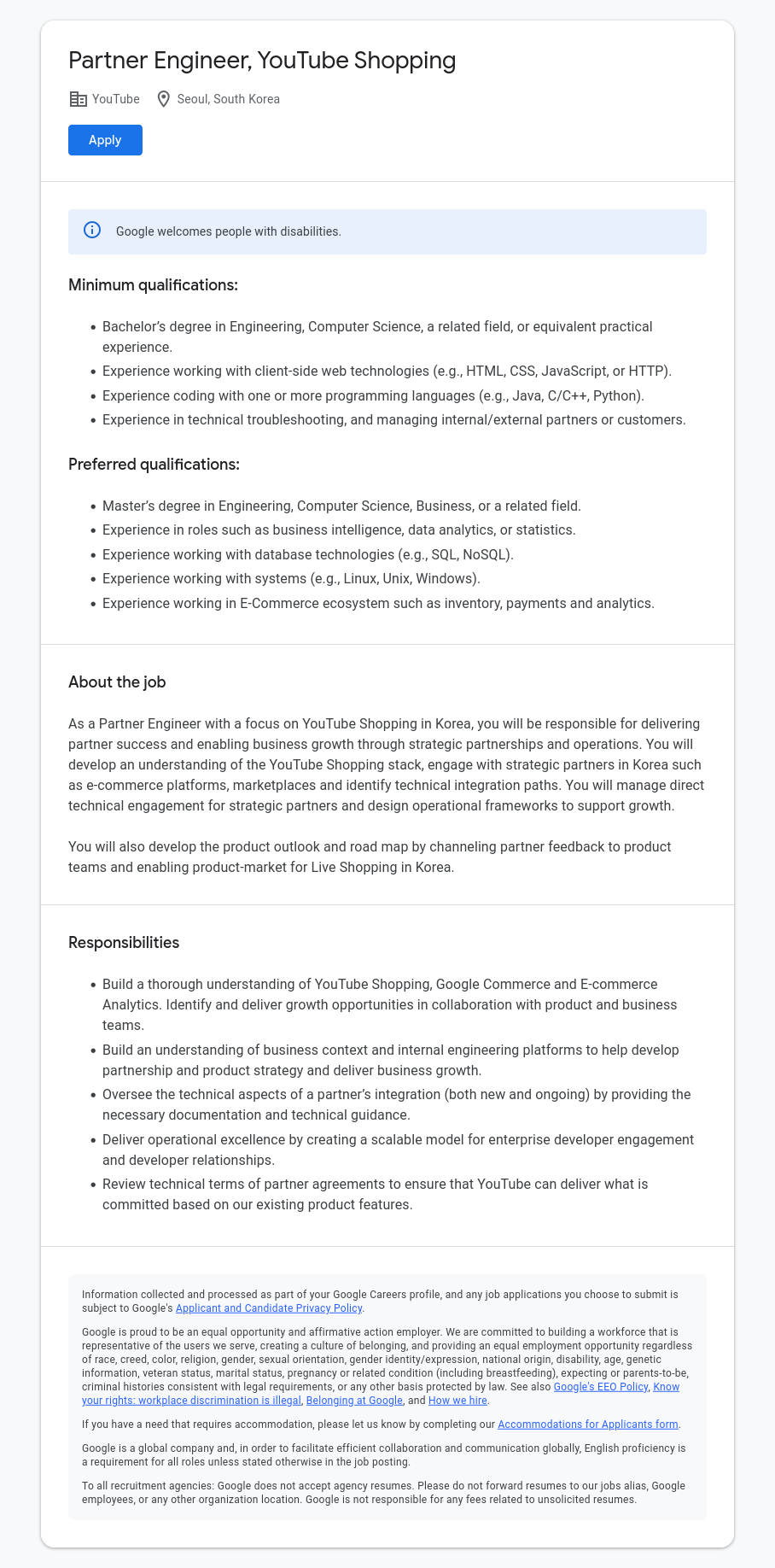 구글(Google) Partner Engineer, YouTube Shopping 채용공고