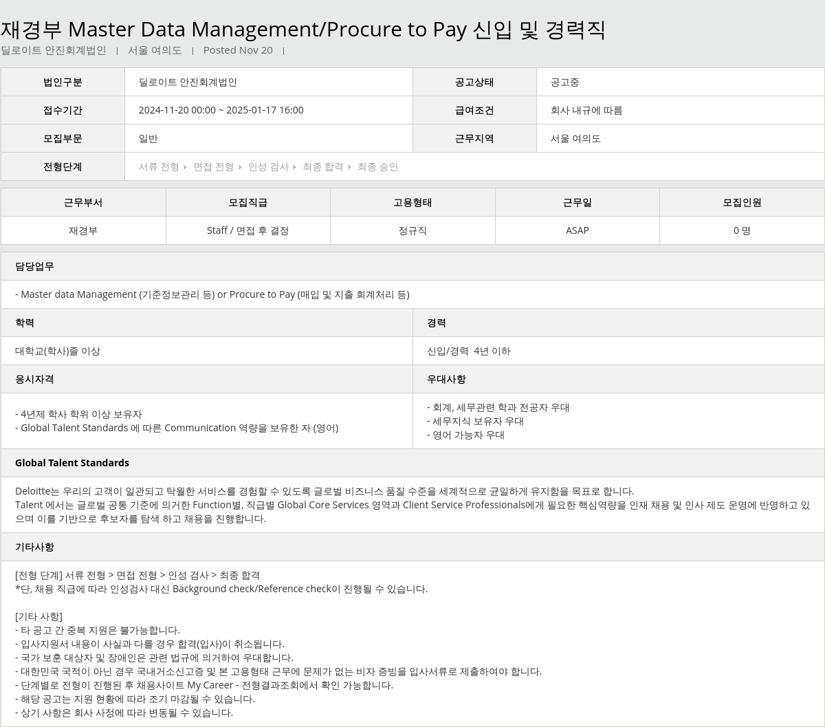 딜로이트안진 재경부 Master Data Management / Procure to Pay 신입 및 경력직 채용공고