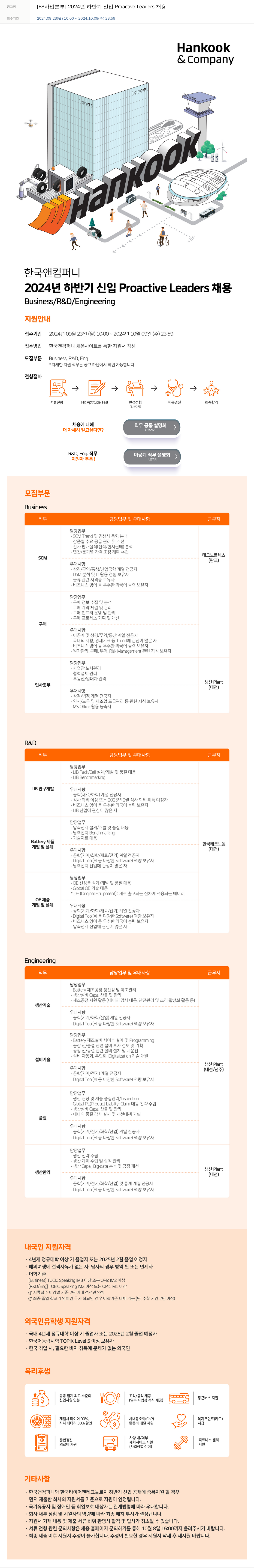 한국앤컴퍼니 [ES 사업 본부] 2024년 하반기 신입 Proactive Leaders 채용 채용공고