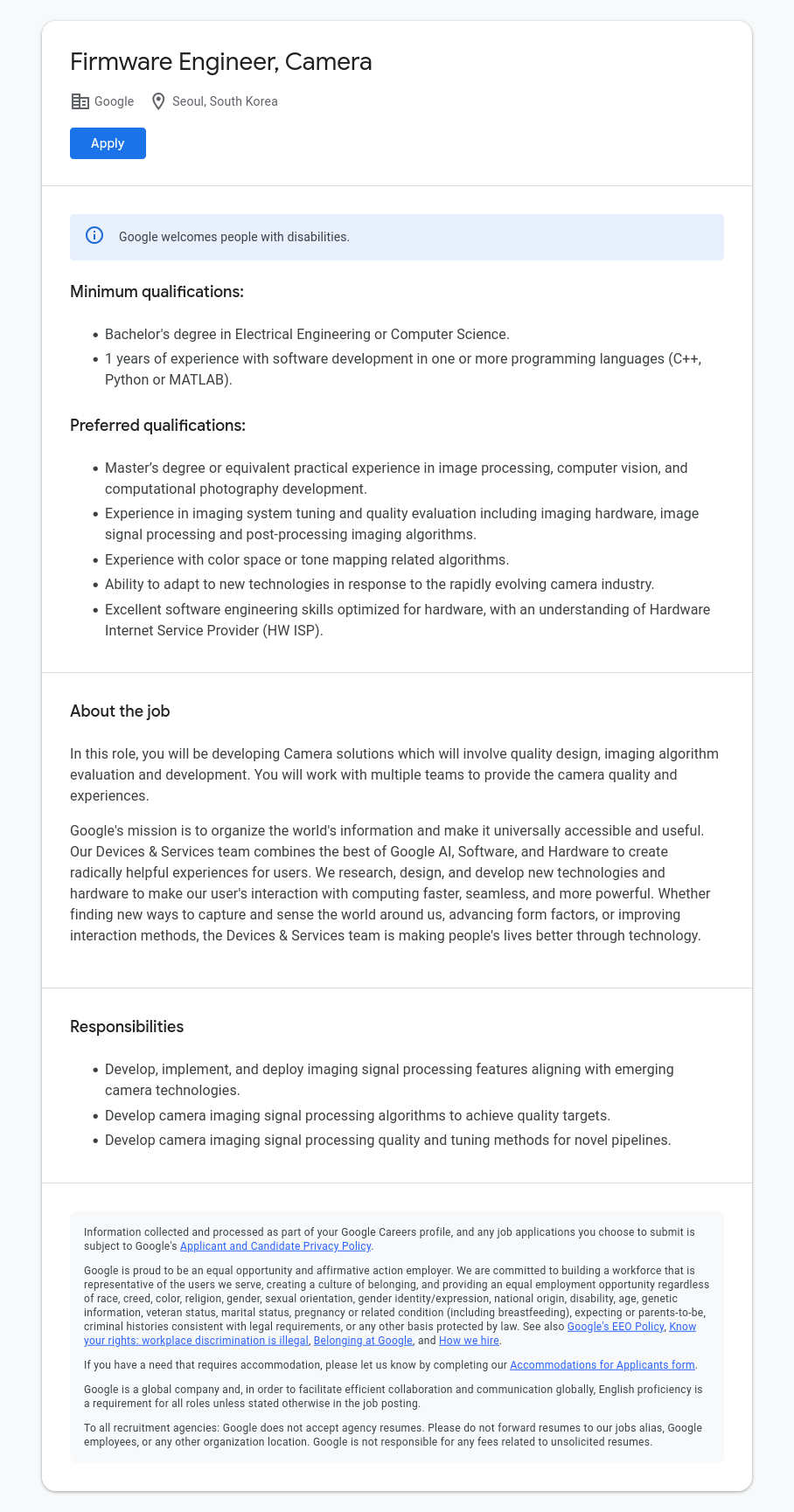 구글(Google) Firmware Engineer, Camera 채용공고