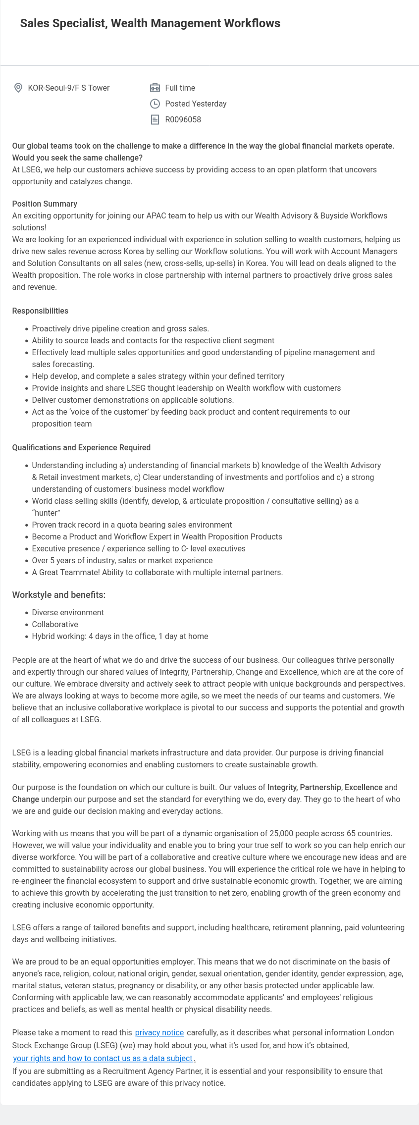 레피니티브코리아 Sales Specialist, Wealth Management Workflows 채용공고