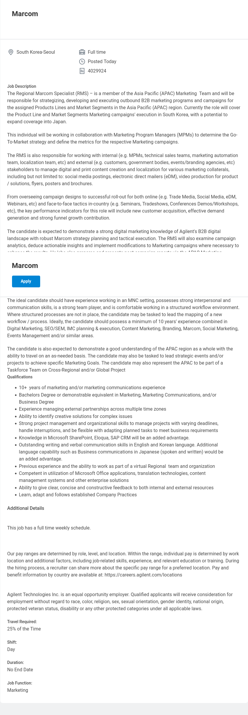 애질런트테크놀로지 Regional Marcom Specialist (RMS) - APAC Marketing Team 채용공고